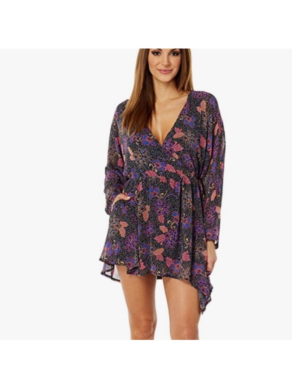 Free People Black Floral Mini Dress with Pink & Purple Accents